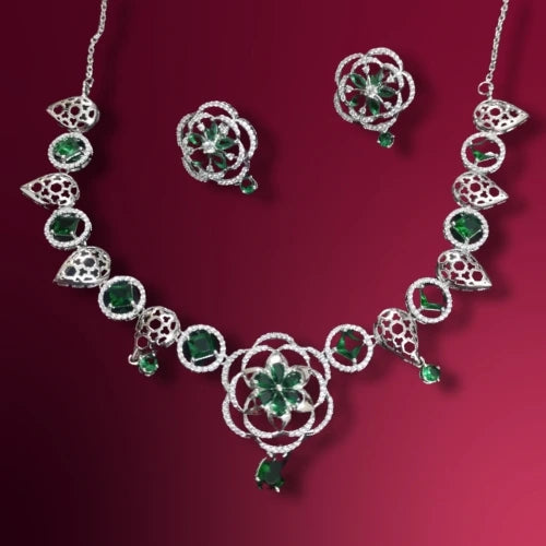 Elegant Silver Tone Floral Necklace and Earrings Set