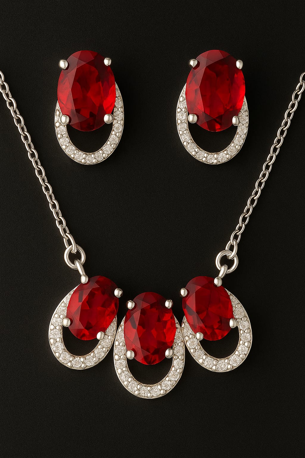 Elegant Silver Tone Red Necklace and Earrings Set