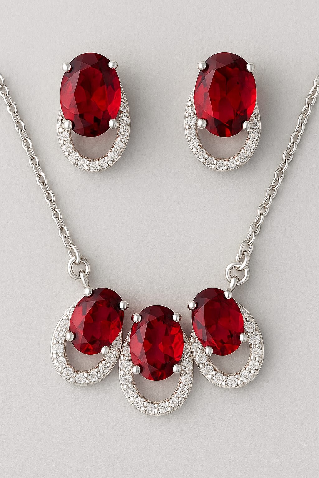 Elegant Silver Tone Red Necklace and Earrings Set