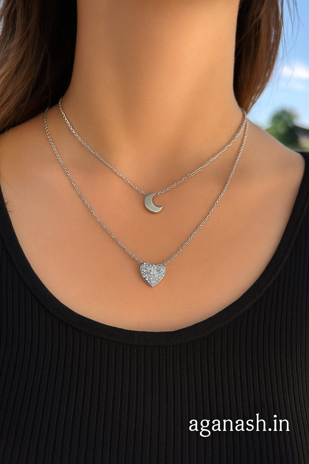 Silver Double Chain Necklace with double pendant