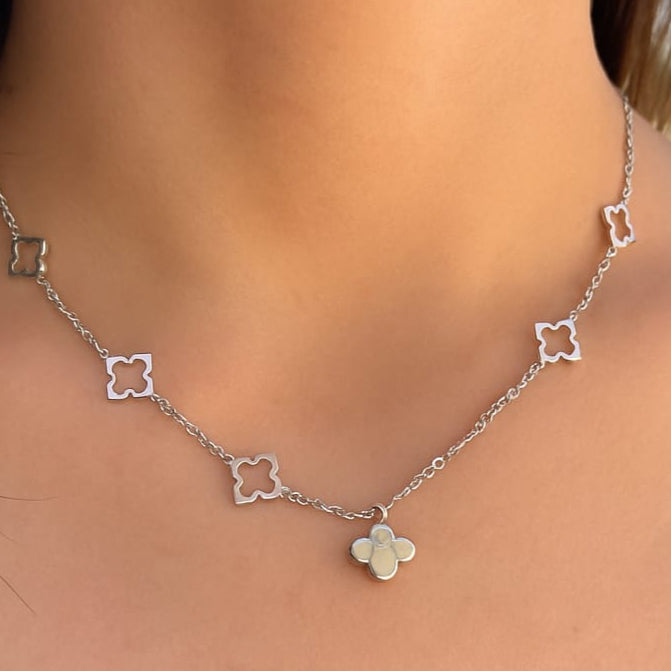 Sterling Silver Quatrefoil & Iridescent Flower Necklace
