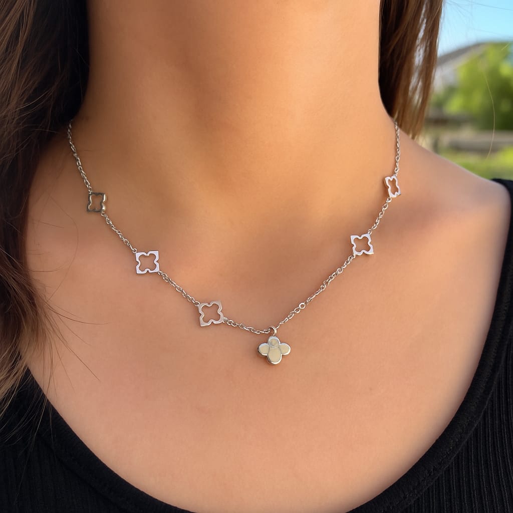 Sterling Silver Quatrefoil & Iridescent Flower Necklace