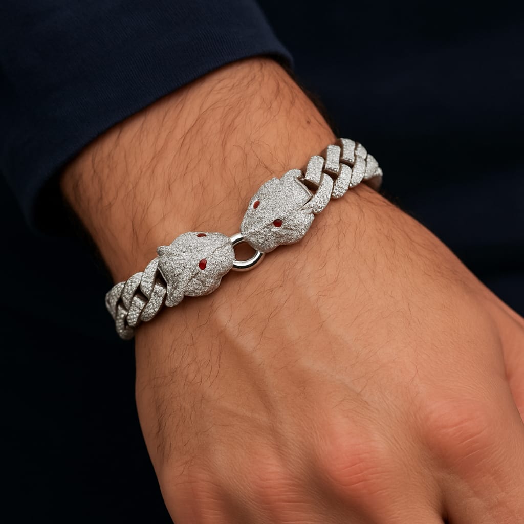 Double face Silve Panther Bracelet with Ruby Eyes