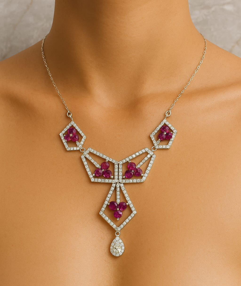 Elegant Silver Tone Red Necklace and Earrings Set