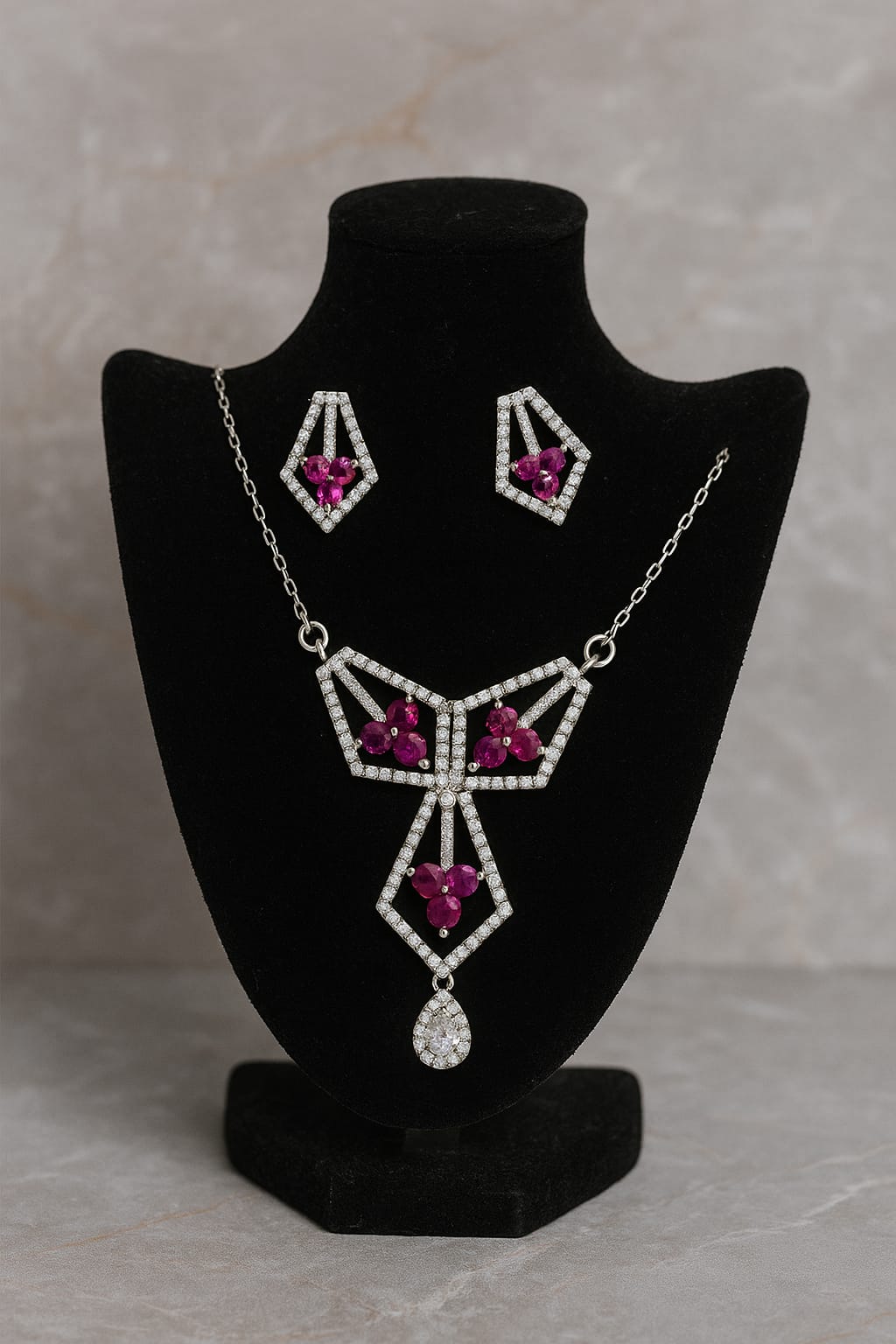 Elegant Silver Tone Red Necklace and Earrings Set