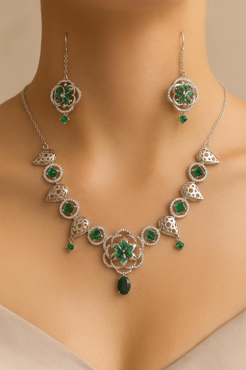 Elegant Silver Tone Floral Necklace and Earrings Set