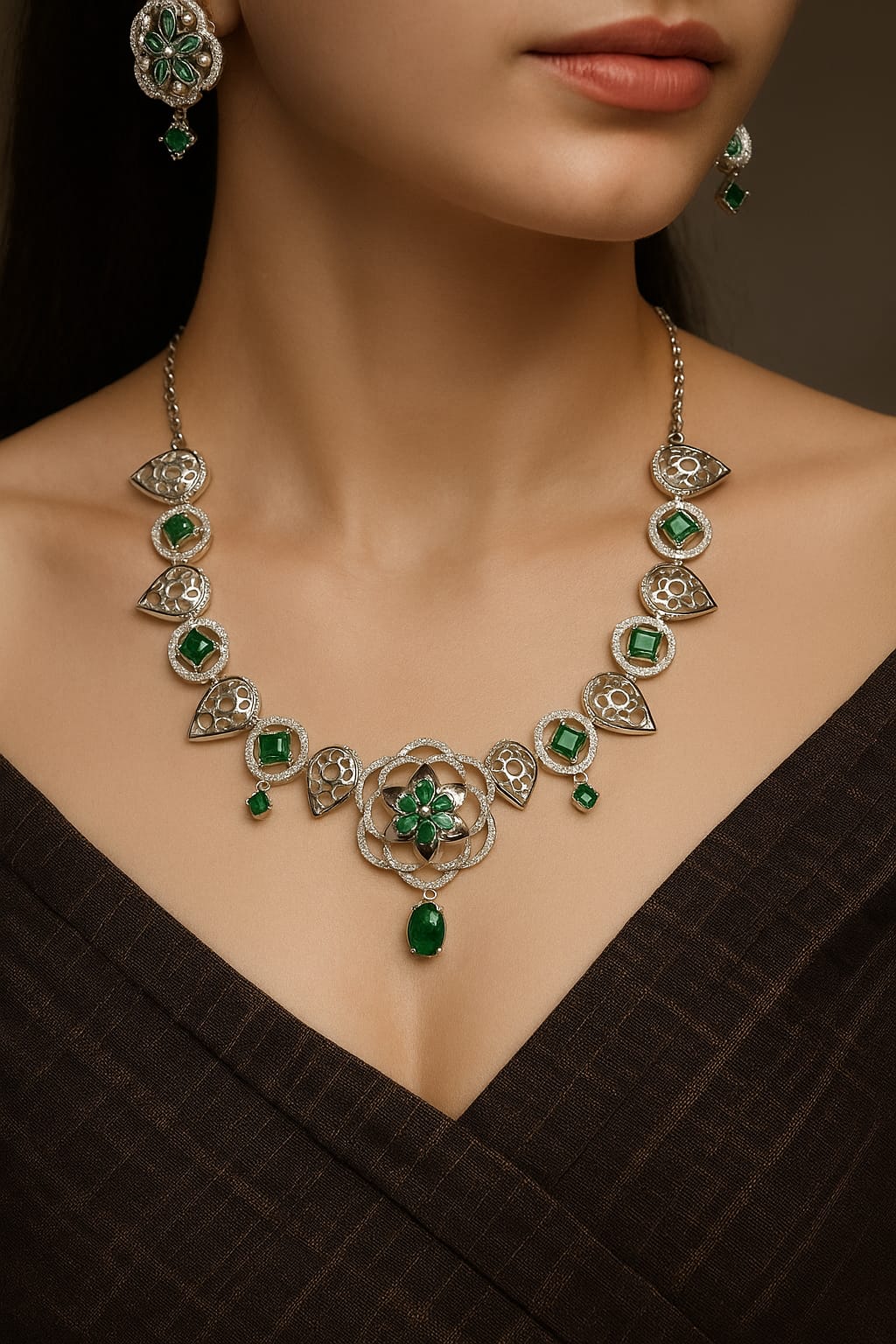 Elegant Silver Tone Floral Necklace and Earrings Set