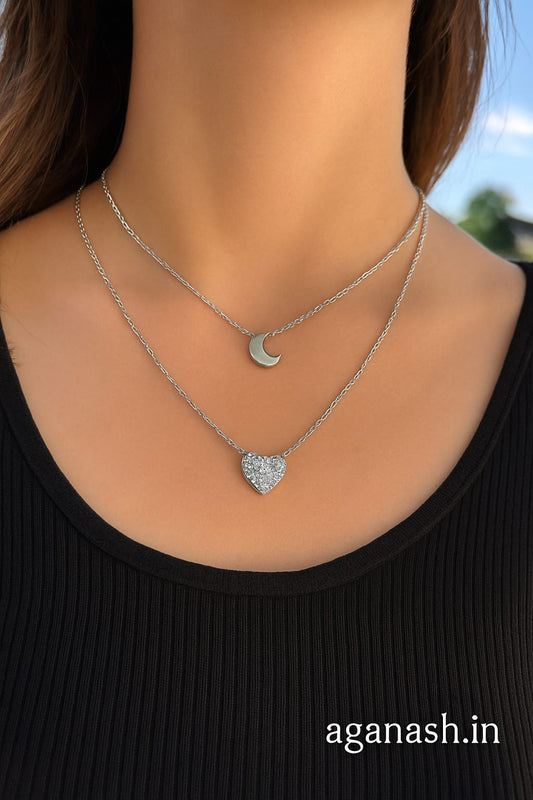 Silver Double Chain Necklace with double pendant
