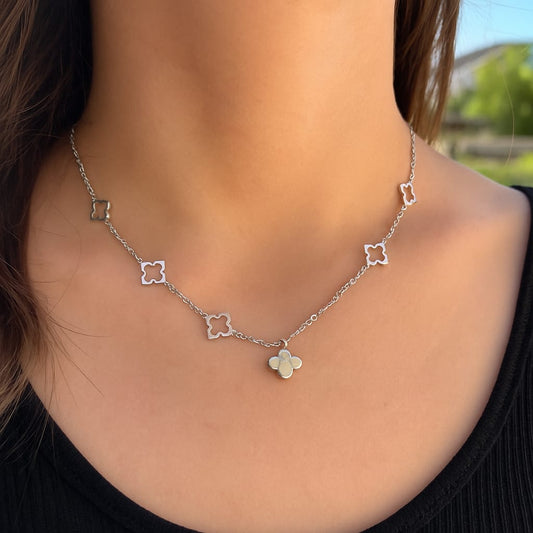 Sterling Silver Quatrefoil & Iridescent Flower Necklace