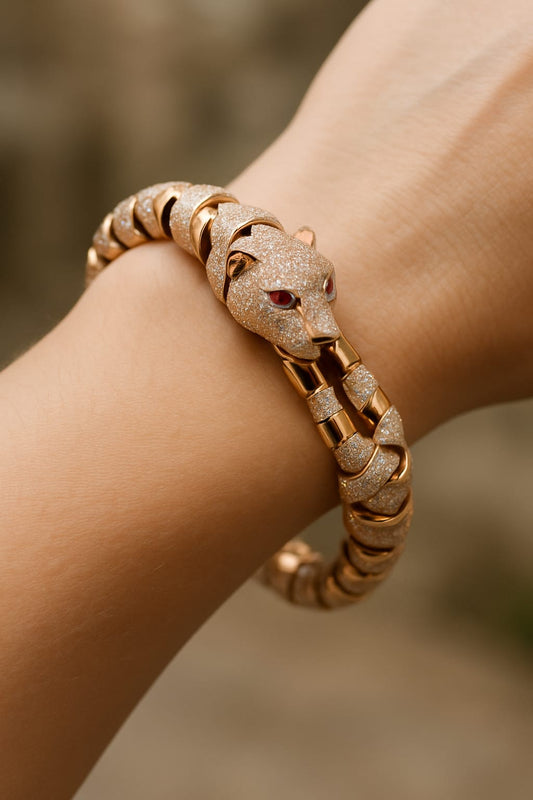 Gold Tone Panther Bracelet with Ruby Eyes