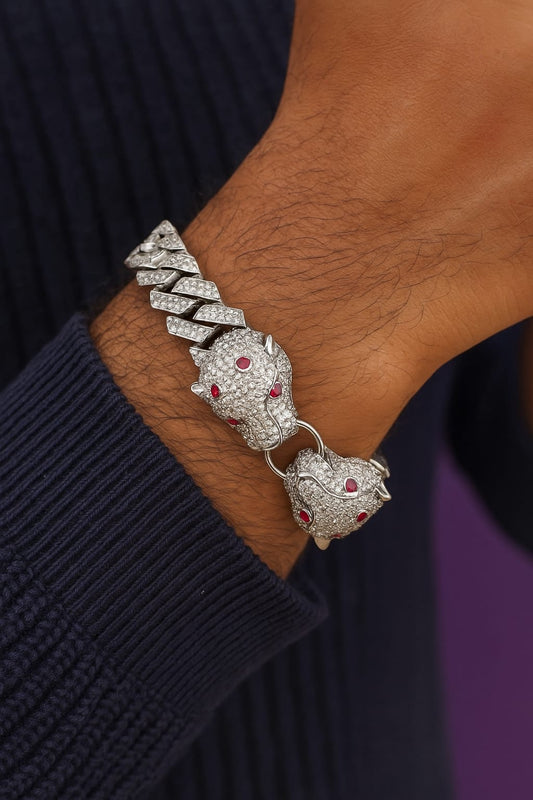 Double face Silve Panther Bracelet with Ruby Eyes