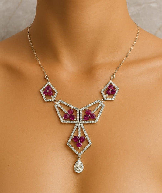 Elegant Silver Tone Red Necklace and Earrings Set