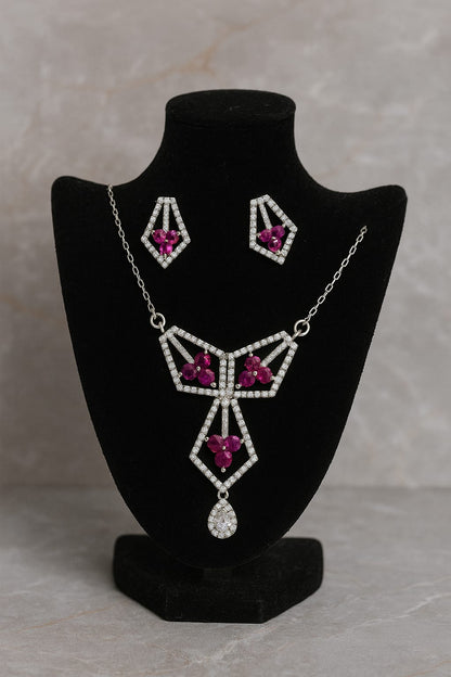 Elegant Silver Tone Red Necklace and Earrings Set