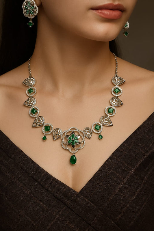 Elegant Silver Tone Floral Necklace and Earrings Set