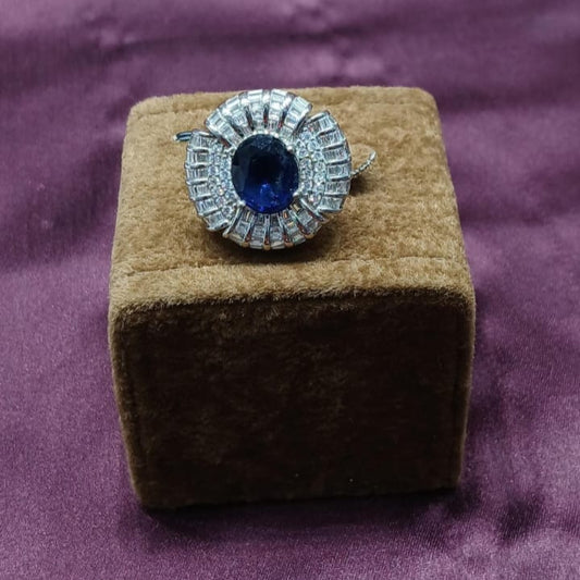 Blue Sapphire and Crystal Halo Ring
