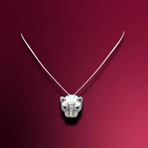 Panther Head Pendant Necklace with Emerald Eyes